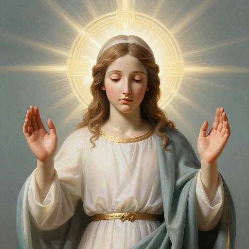 Digital illustration of a serene, young, fair-skinned woman with long brown hair, wearing a white robe and blue cloak, hands raised, surrounded by