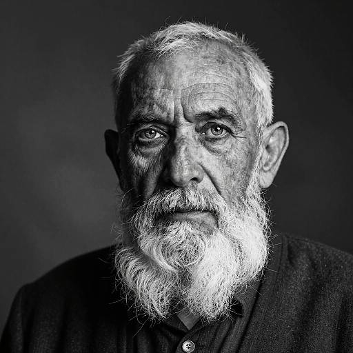 Black-and-white portrait of an elderly man with a white beard and mustache, intense expression, wearing a dark shirt, against a dark background.