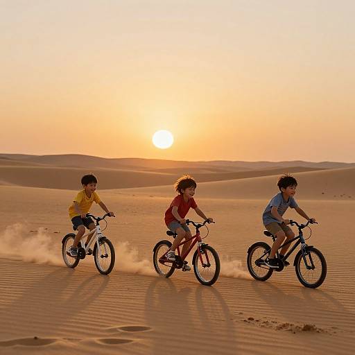 Three children riding bicycles in a sandy desert at sunset, wearing yellow, red, and blue shirts, kicking up dust trails.