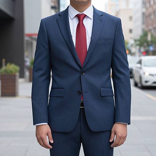 Photograph of a man in a dark blue suit, white shirt, and red tie, standing on a city street with blurred background.