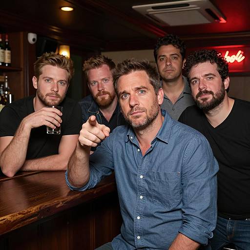 Five men in bar with intense expressions