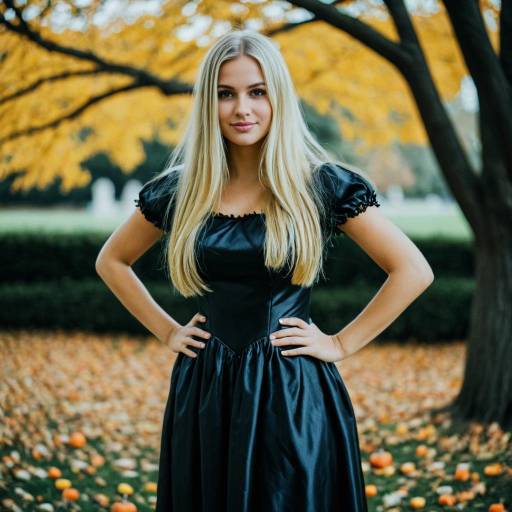 Blonde Woman in Black Dress Halloween Costume Outdoors