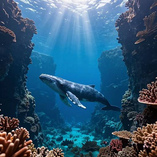 Photograph of a majestic blue whale swimming gracefully through a vibrant underwater coral reef, illuminated by sunlight filtering from above.