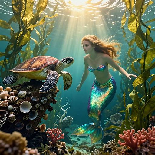 Photorealistic underwater scene: a mermaid with iridescent scales and a colorful bikini top, swimming beside a turtle, surrounded by vibrant coral and