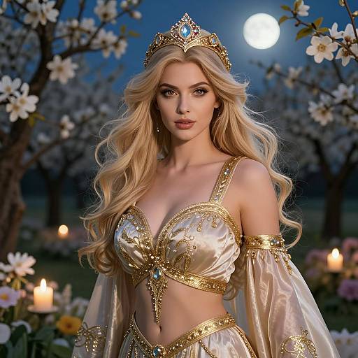 Digital artwork of a blonde princess with long hair, wearing a gold and silver crown, and matching off-shoulder, midriff-baring dress