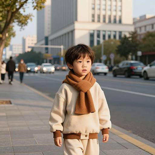 Curious Boy in Sunny Urban Street