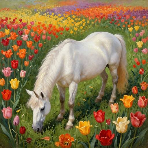 Digital painting of a white horse with a flowing mane grazing in a vibrant field of colorful tulips, featuring red, yellow, orange, and pink flowers