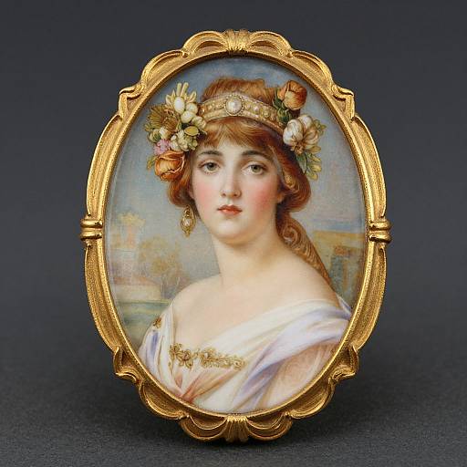 Photograph of a delicate, oval, gold-framed miniature portrait of a young, fair-skinned woman with red hair and floral headpiece, wearing