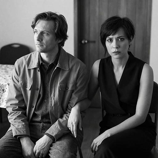 Black-and-white photograph of a serious-looking man in a denim jacket and woman in a sleeveless black blouse sitting side-by-side indoors.