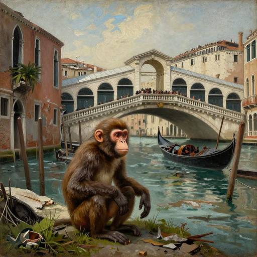Photorealistic painting of a monkey sitting on a canal ledge in front of Venice's Rialto Bridge, with gondolas and historic buildings.