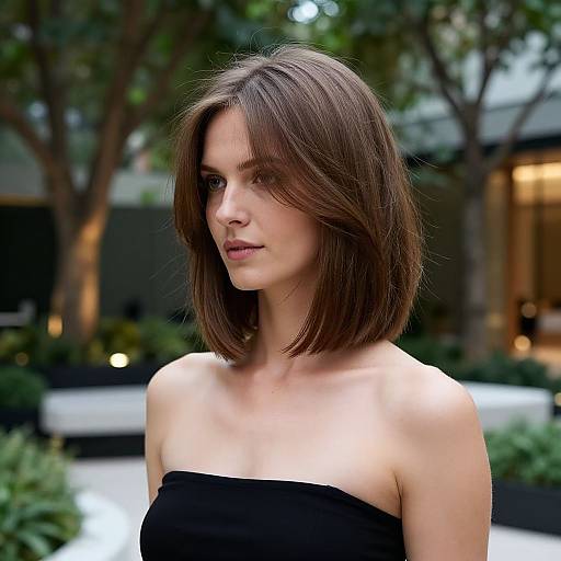 Photograph of a young woman with shoulder-length brown hair, wearing a strapless black dress, standing outdoors in a garden. Background includes trees and blurred