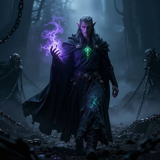 Digital fantasy artwork of a dark elf with pointed ears, black robe, glowing green gem, and purple magic aura, walking through a misty, chained