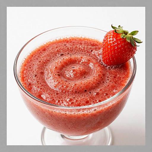 Photograph of a glass bowl filled with a bright red, textured strawberry smoothie, topped with a fresh, vibrant strawberry.