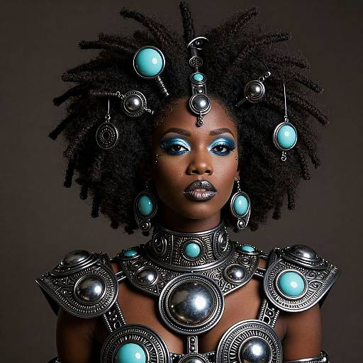 Photograph of an African woman with dark skin, blue eyeshadow, and silver metallic armor adorned with turquoise orbs, wearing a black Afro hairstyle with