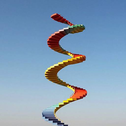 CGI digital art of a vibrant, multicolored, 3D snake-like spiral with red, yellow, and blue segments against a clear blue