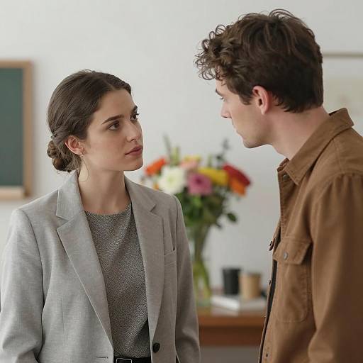 Two people in serious conversation indoors