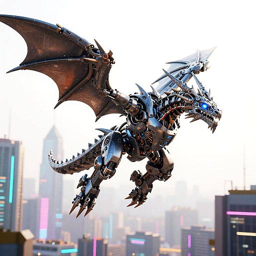 Mechanical Dragon Over Cyberpunk Metropolis
