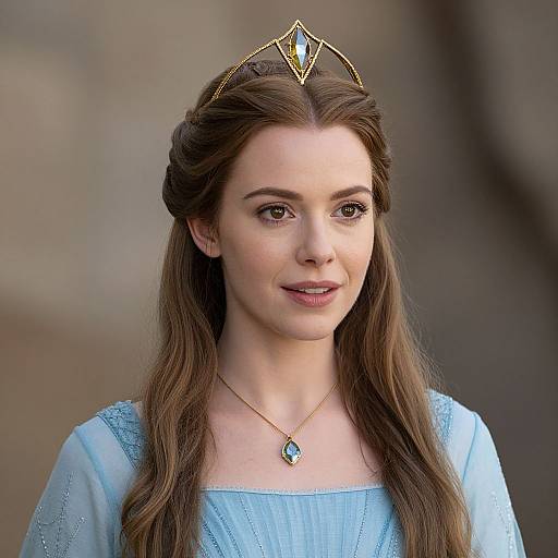 Photograph of a fair-skinned, brown-haired woman with long, wavy hair, wearing a light blue dress, gold tiara, and green