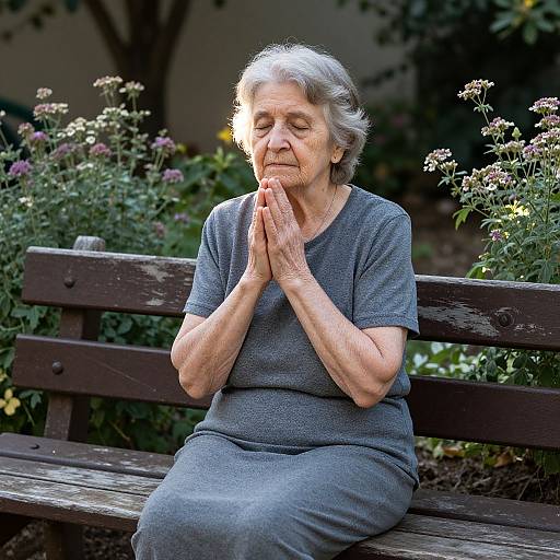 Elderly Woman Praying on Garden Bench