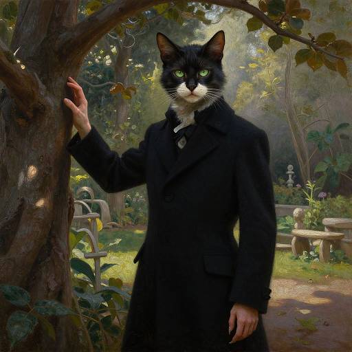 Digital painting of a black-and-white cat with green eyes, wearing a black coat, standing in a sunlit, lush garden, leaning against a tree