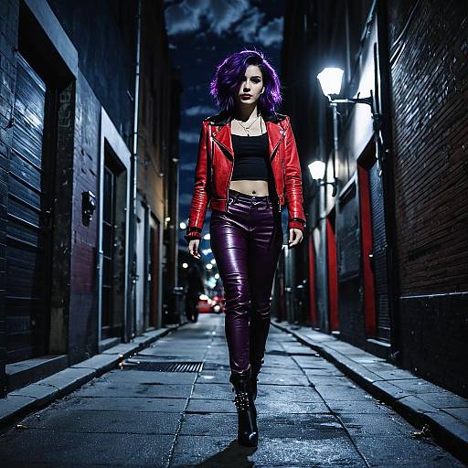 Punk Girl Walking in City Alley at Night