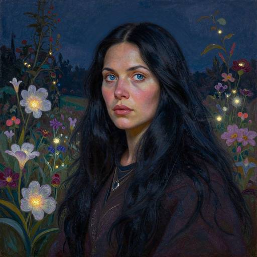 Digital painting of a fair-skinned woman with long black hair, blue eyes, and pink cheeks, surrounded by glowing flowers in a dark, nighttime garden