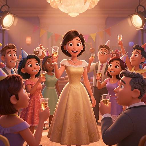 CGI cartoon image of a lively party with animated characters, a smiling woman in a golden dress, holding a glass, surrounded by people celebrating under warm