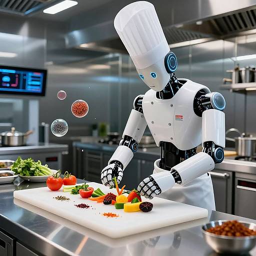 Photograph of a white, humanoid robot chef in a kitchen, chopping colorful vegetables on a white cutting board, with spices and bubbles floating nearby. Stainless