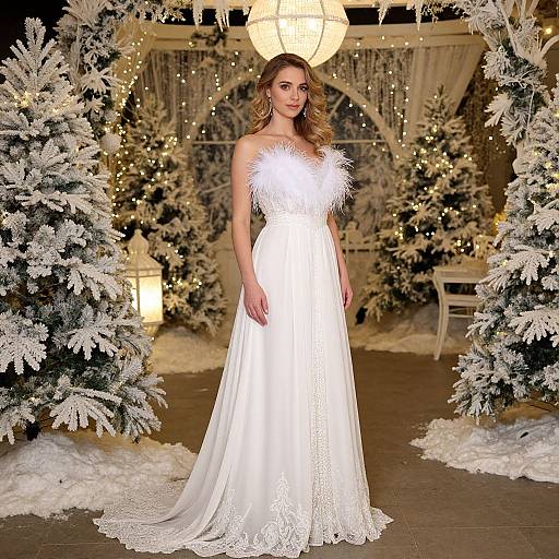 Photograph of a smiling woman in a white, lace-trimmed, strapless wedding gown with a fluffy neckline, standing between two snow-covered trees
