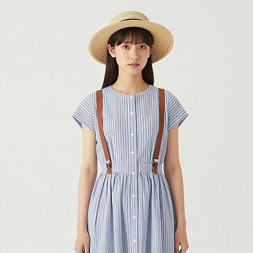 Woman in Blue Striped Dress with Hat