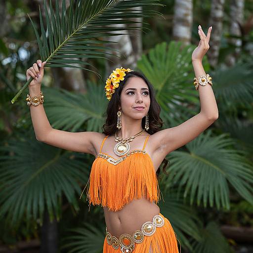 Photograph of a brunette woman with olive skin, wearing an orange fringed crop top and skirt, gold accessories, and a yellow flower in her hair