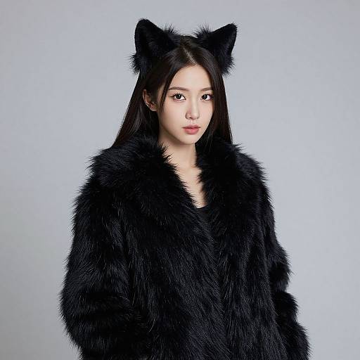 Asian woman with long black hair, wearing black fur coat and cat ears, stares forward against a plain light blue background. Photographic portrait.