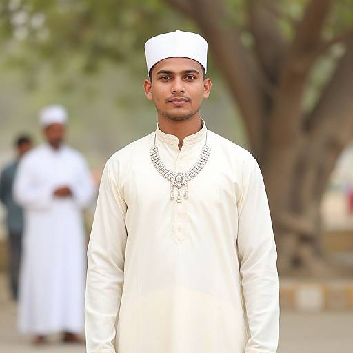 Photograph of a young South Asian man with medium brown skin, wearing a white traditional kurtah and cap, standing outdoors with blurred background trees and