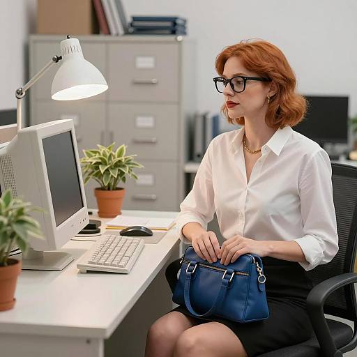 Businesswoman at Office Desk with Vintage Computer