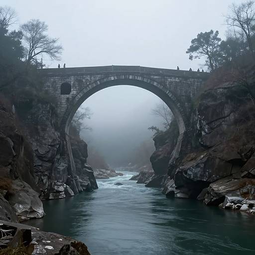 Photograph of a misty stone arch bridge spanning a rocky river, with small silhouetted figures on the bridge, and overcast sky.