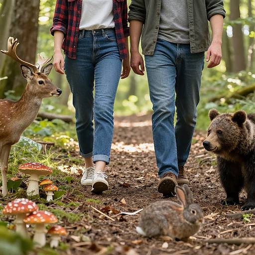 Couple Walking in Forest with Wildlife and Mushrooms