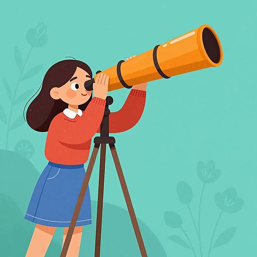 Digital illustration of a young girl with black hair, wearing a red sweater and blue skirt, using a yellow telescope on a tripod against a turquoise background with