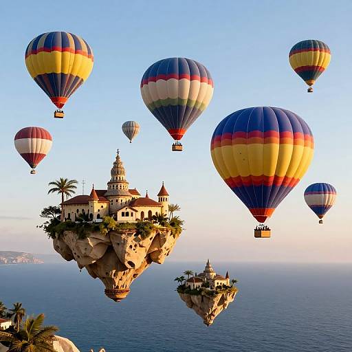 Photograph of colorful hot air balloons floating above floating, Mediterranean-style islands with domes and palm trees, set against a clear blue sky and calm ocean