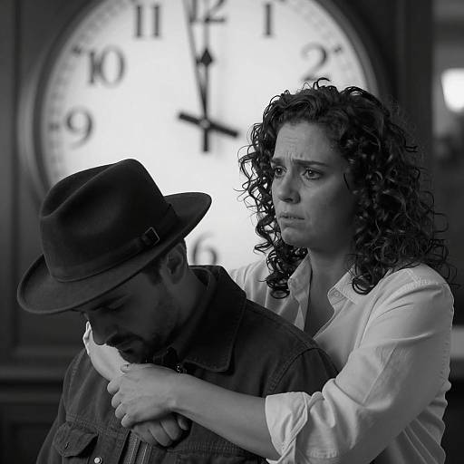 Worried Woman Embracing Man with Large Clock