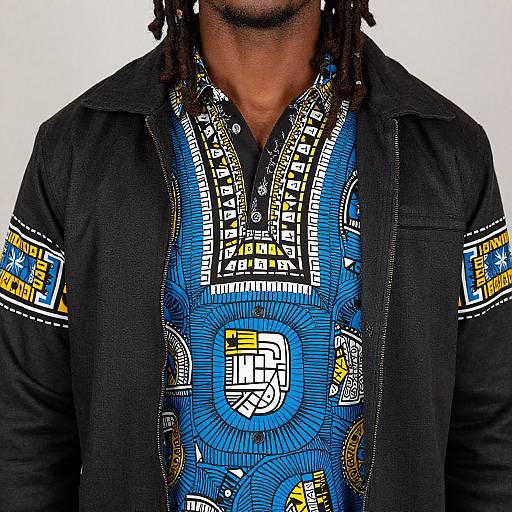 Photograph of a man with dark skin and dreadlocks, wearing a black jacket over a vibrant blue, patterned shirt with white and yellow graphics.