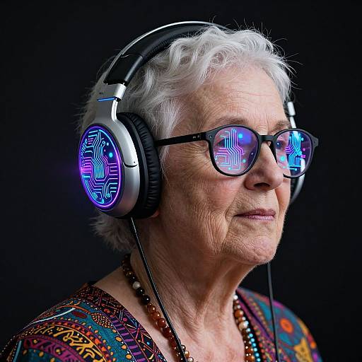 Photograph of an elderly white woman with short white hair, wearing reflective blue-rimmed glasses and large headphones with colorful patterns, against a black background