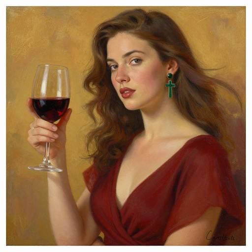 Digital painting of a fair-skinned woman with long brown hair, wearing a red dress and green cross earrings, holding a glass of red wine against a
