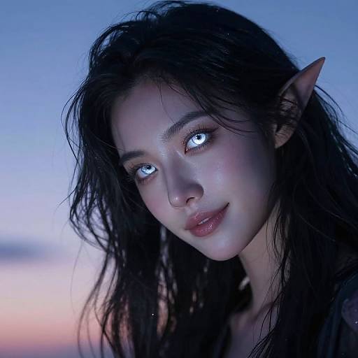 Digital artwork of a dark-haired, fair-skinned elf woman with glowing blue eyes, pointed ears, and wet hair, against a twilight sky.