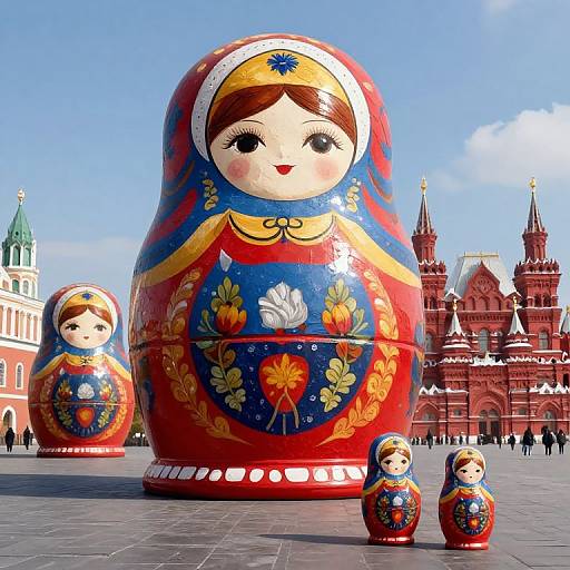 Photograph of vibrant, oversized Russian Matryoshka dolls with traditional patterns, standing in front of the red Kremlin towers on a clear, sunny day