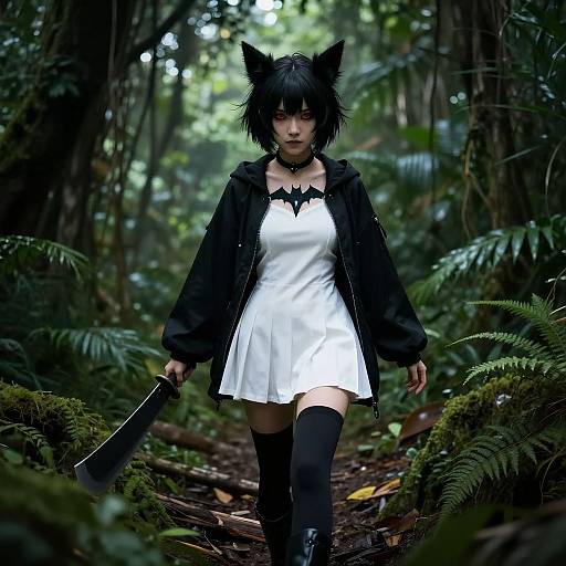 Digital artwork of a gothic anime girl with black cat ears, white dress, black jacket, thigh-high socks, and holding a knife, walking through
