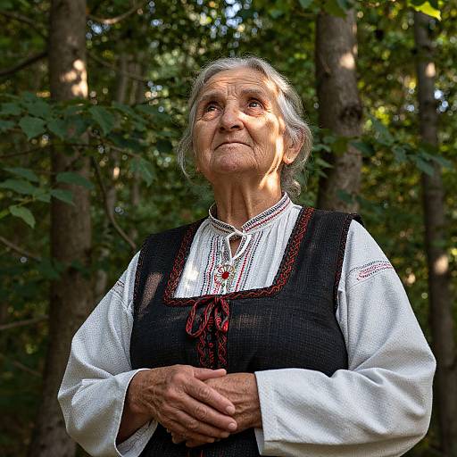 Photograph of an elderly woman with gray hair, wearing a white blouse and black embroidered vest, standing in a sunlit forest.
