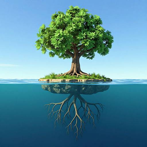 Digital illustration of a lush green tree with visible roots submerged in clear blue water, reflecting above the surface.