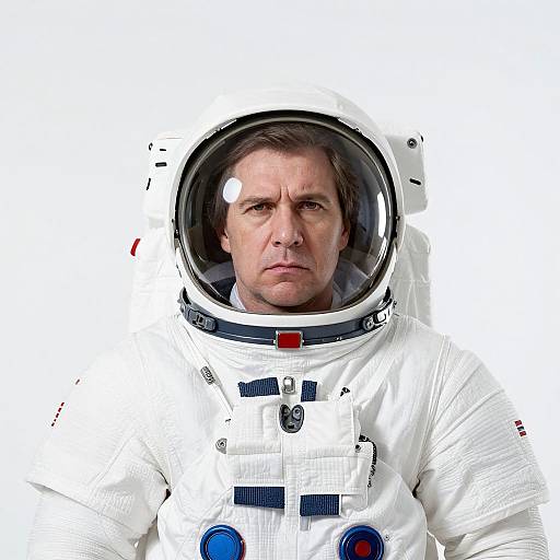 Photograph of a serious middle-aged man in a white astronaut suit with a reflective helmet, against a plain white background.
