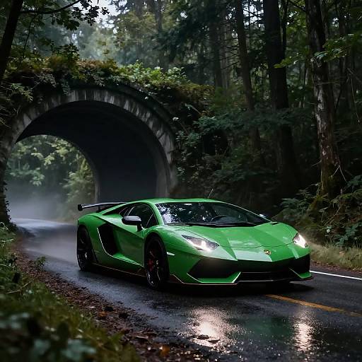 Photograph of a sleek, neon green sports car with black accents driving on a wet, forest road under a stone arch bridge, surrounded by dense,