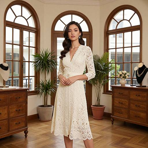 Photograph of a beautiful woman with long dark hair wearing a white lace dress, standing in a sunlit room with large arched windows, wooden furniture